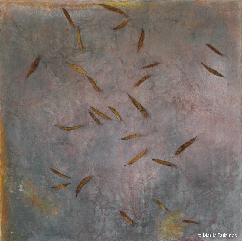 80x80 cm 2015 transition paper, paint and leaves on linen