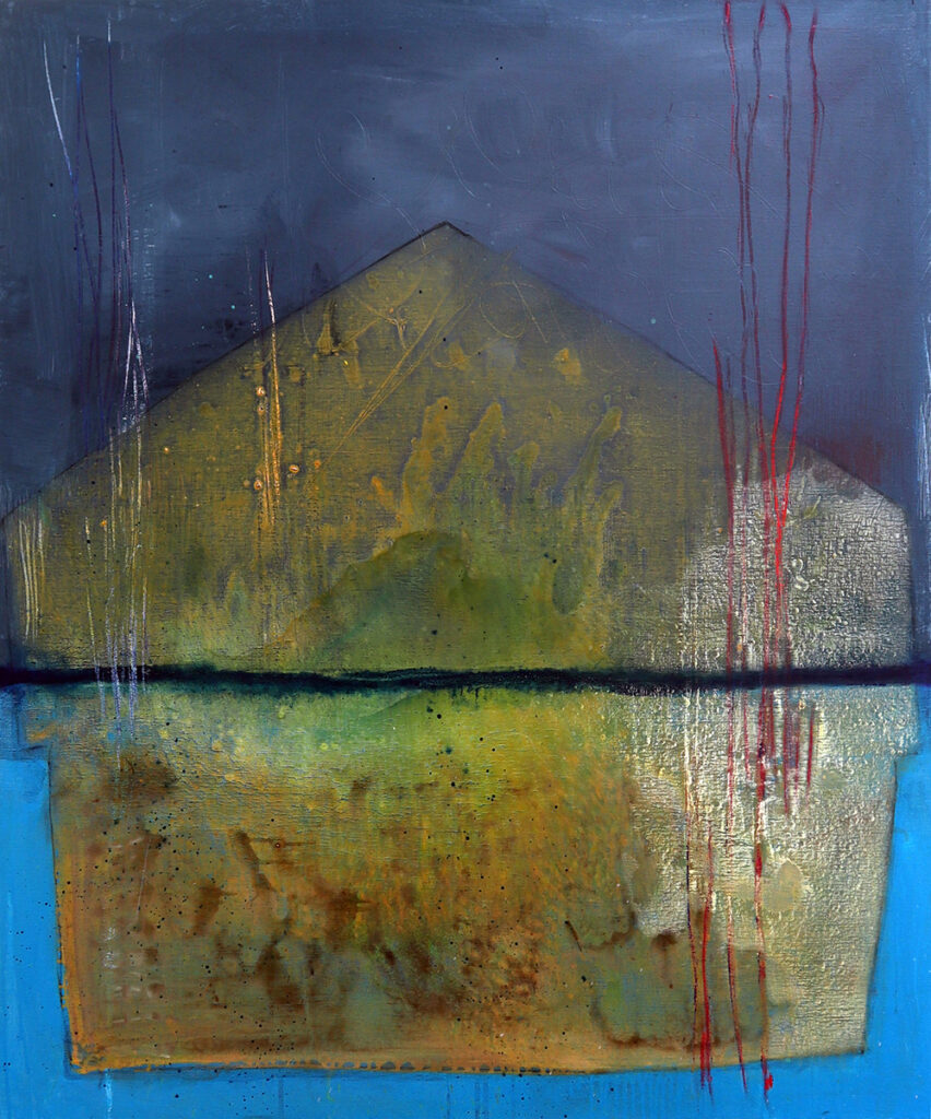 mixed media on linen 2025 120 cm hoog en 100 cm breed. house 2